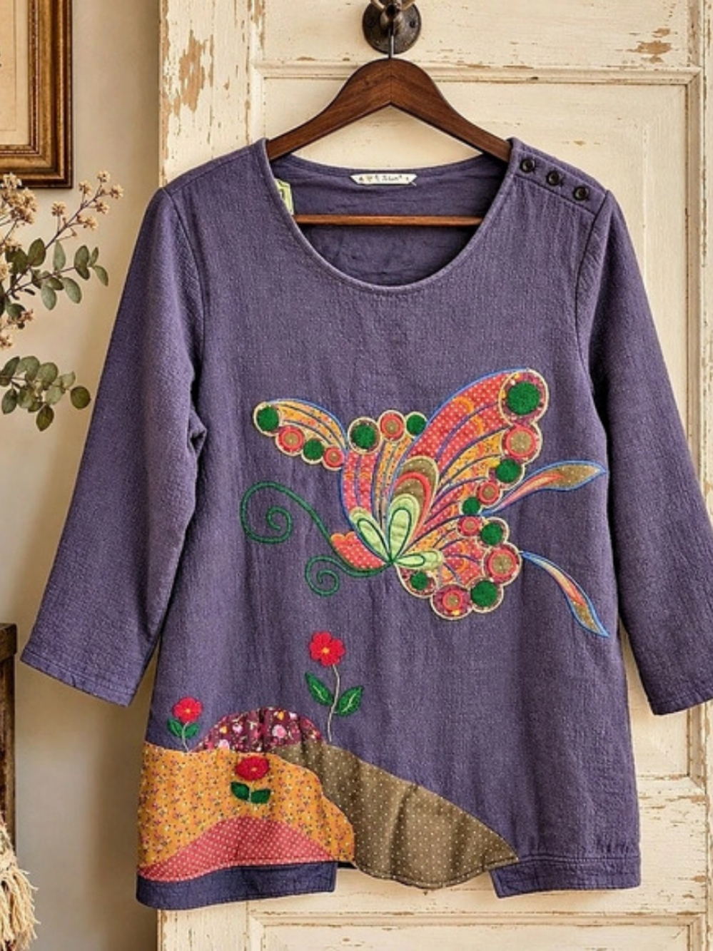 To You Mi Butterfly Applique Patchwork Tunic L Slate Blue Boho Wearable Art